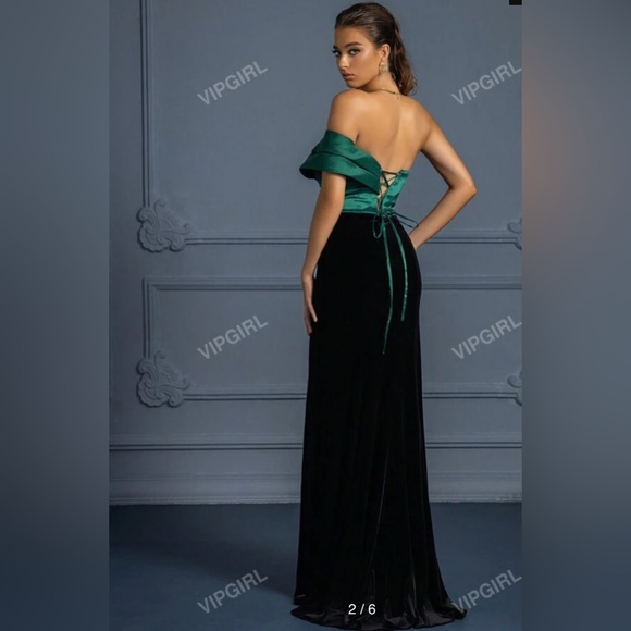 Green and Black Off-Shoulder Dress - Picture 2 of 5